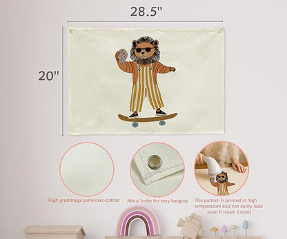 Lion Skateboarding Nursery Rectangular Canvas Banner-Flag Wall Sign Decor for Toddler Boys Kids,Baby Room Above Crib Playroom Reading Room Bedroom Dorm Decor-Baby Shower Birthday Christmas Gift