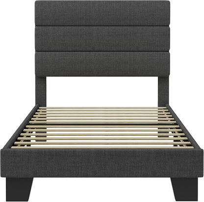 SHA CERLIN Twin Platform Bed Frame with Upholstered Fabric Headboard, Mattress Foundation with Strong Wooden Slats Support, No Box Spring Needed, Grey