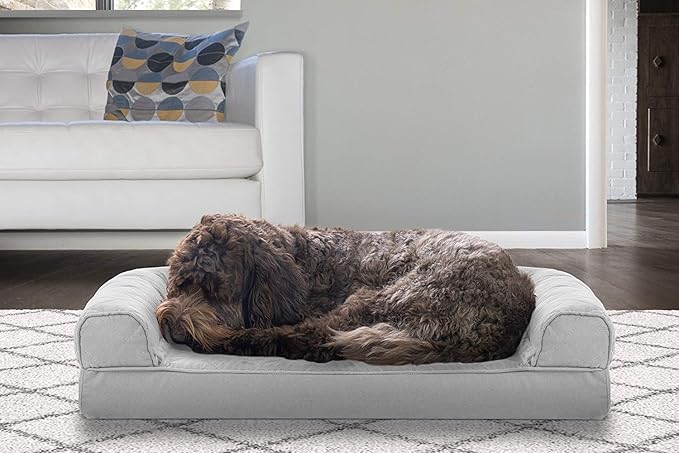 Furhaven Cooling Gel Dog Bed for Medium/Small Dogs w/ Removable Bolsters & Washable Cover, For Dogs Up to 35 lbs - Quilted Sofa - Silver Gray, Medium-Mewly Pet