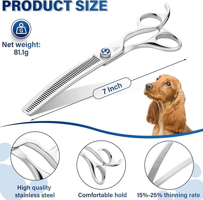 JASON 7" Curved Thinner Dog Scissors - Ergonomic Dog Grooming Scissors Silver Curved Blender Dog Shears 440C Stainless Steel Grooming Shears Professional Pet Shears For Groomer (50-Teeth)-Mewly Pet