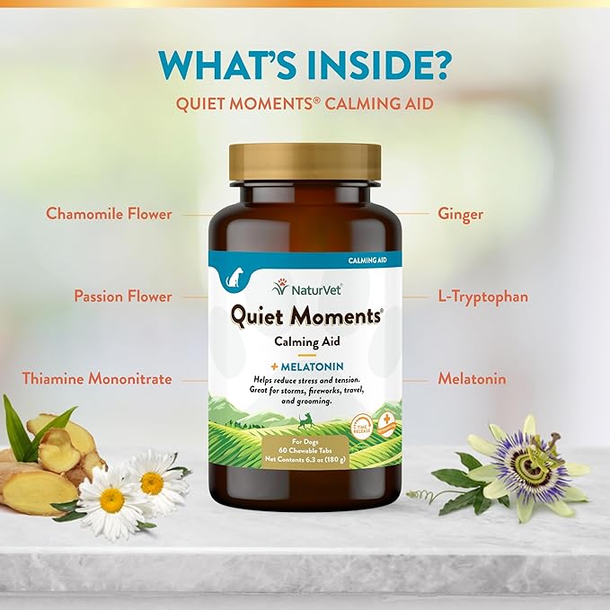 NaturVet Quiet Moments Calming Aid Dog Supplement, Helps Promote Relaxation, Reduce Stress, Storm Anxiety, Motion Sickness for Dogs (Quiet Moments Melatonin, 60 Soft Chews)-Mewly Pet