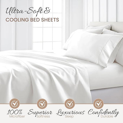 Linen Market Brushed Microfiber King Sheet Set 4 Piece – Oeko-TEX Certified Ultra Soft & Wrinkle-Free - 16" Deep Pocket Sheets - Easy Care King Size - White