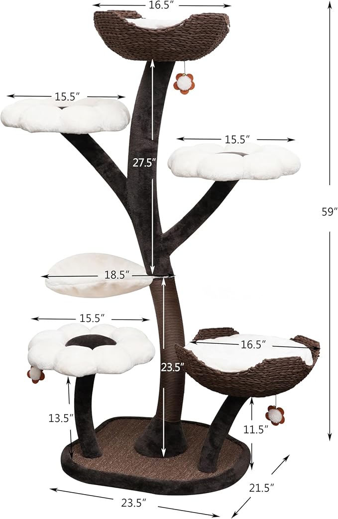 Catry Blossom 59" Flower Cat Tree with Replaceable Flower Perches and Scratching Posts, Handwoven Baskets with Washable Beds, Durable Iron Frame for Large & Multi-Cat Homes-Mewly Pet