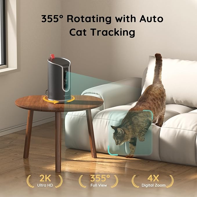 2K Pet Camera Treat Dispenser, AI Photo Album, Dog Camera with 360° Auto Tracking & 5G/2.4G WiFi, 2-Way Talk, Remote Treat Tossing, Motion Alerts for Cats Indoor-Mewly Pet