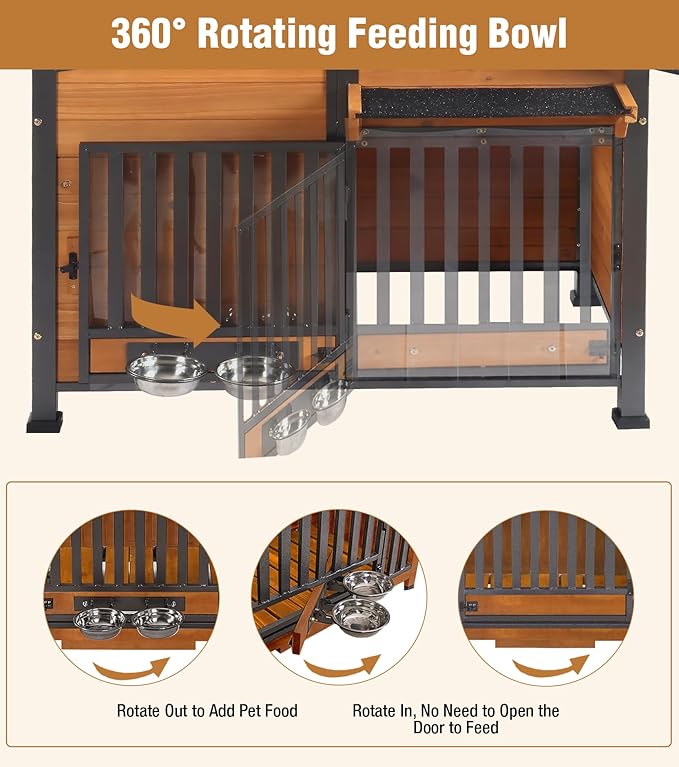 GUTINNEEN Heated Dog House Outdoor with Electric Heating Pad, Insulated Wooden Dog Kennel with 360° Rotating Feeding Bowl, Anti-Chewing Metal Frame, Natural Wood Color-Mewly Pet