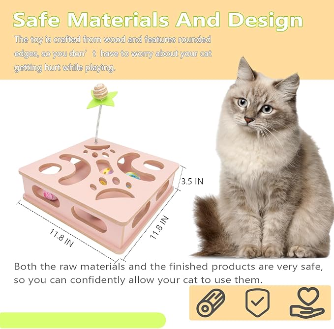 Interactive Wooden Cat Puzzle Toy Box Indoor Hunting Play Toy to Stimulate Your Cat’s Energy and Instincts (Pink)-Mewly Pet
