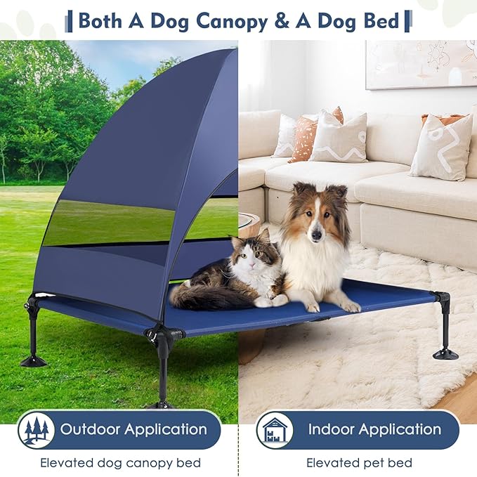 Upgraded Elevated Dog Bed with Canopy, Portable Raised Outdoor Dog Bed with Stable Anti-Slip Feet, Wider Shade Pet Bed Cot, Raised Dog Beds for Large Dogs Camping, Indoor & Outdoor Use-Mewly Pet