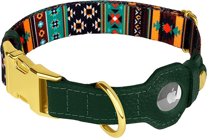 AirTag Dog Collar for Small Medium Large Breed - Adjustable Cute Pattern Dog Collar with Airtag Holder - Soft Leather Tracker GPS Apple Air Tag Pet Collars (X-Large, 20"-25" Neck Fit, Tribal)-Mewly Pet