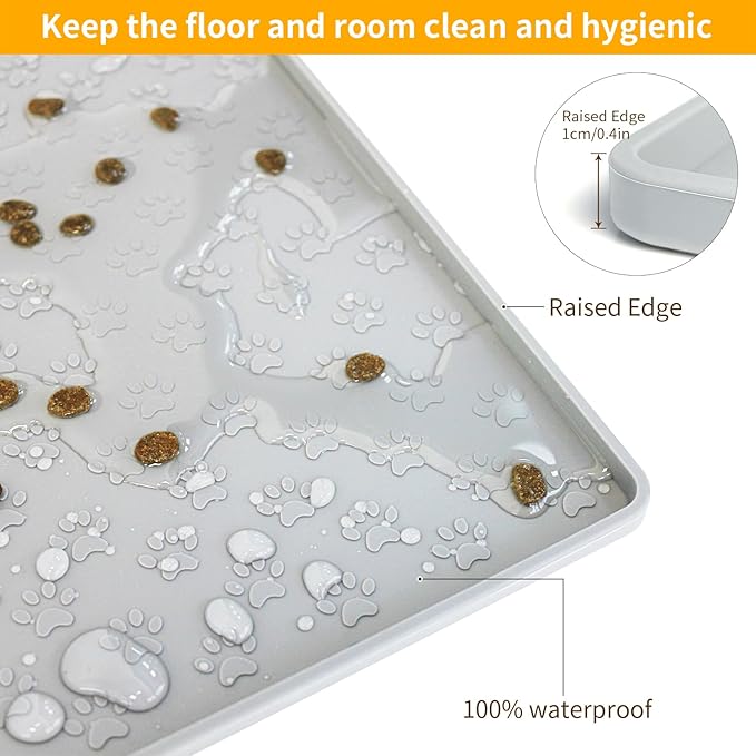 Ptlom Dog Food Mat Anti-Slip Pet Bowl Mats for Food and Water, High-Lips Pet Placemat Prevent Messy Spills to Floor, Waterproof Puppy Feeding Tray for Small, Medium Large Dogs Cats, Silicone-Mewly Pet