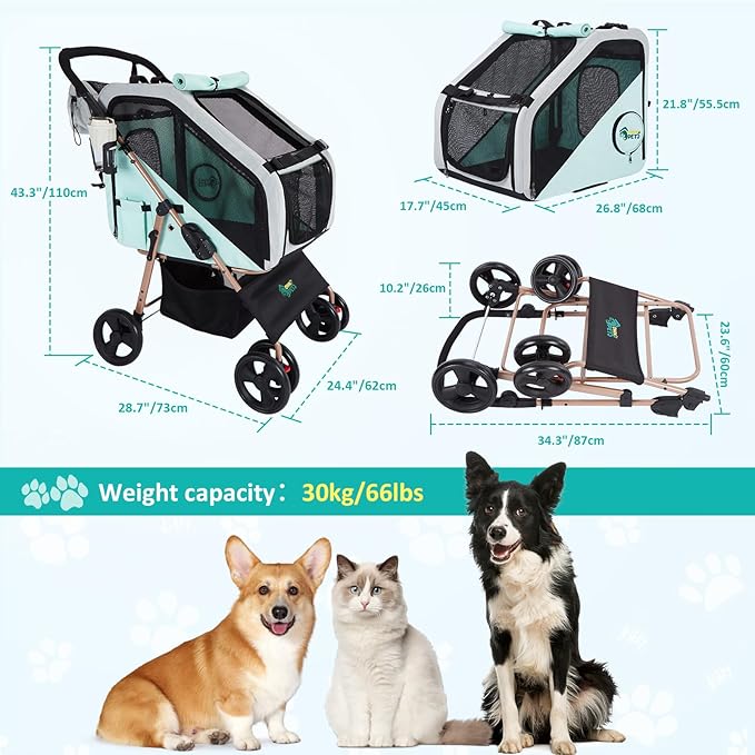 Ownpets Pet Stroller with Upgraded 4 Wheels, Foldable Dog Stroller for Medium Dogs and Cats Up to 66lbs, Detachable Carrier for Car Seat, with Storage Organizer, Cup Holder-Mewly Pet