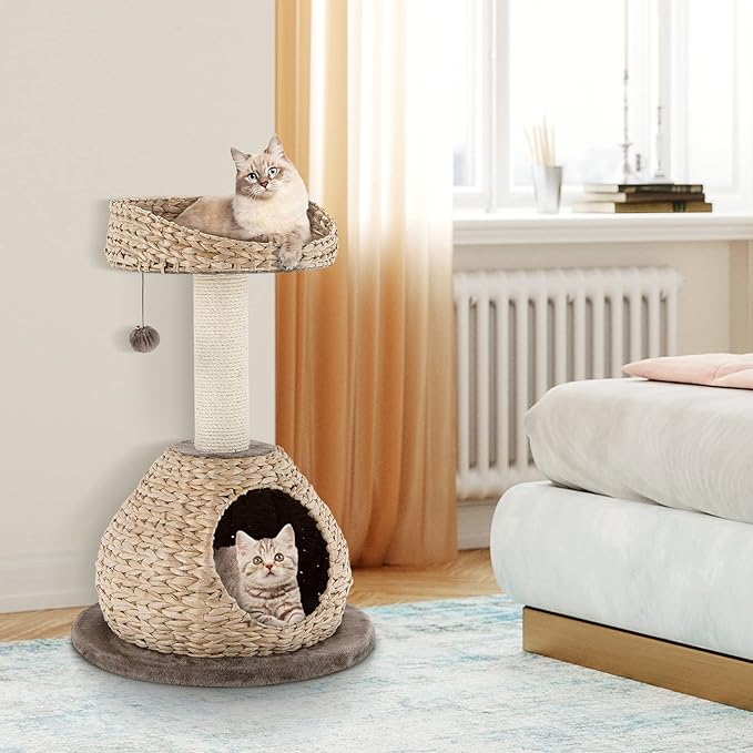Tangkula Modern Cat Tree, Small Cat Tower with Natural Sisal Scratching Post, Hand-Made Wicker Cat Condo & Top Perch, Funny Hanging Toy Ball, Cute Cat Tree Tower for Indoor Cats-Mewly Pet