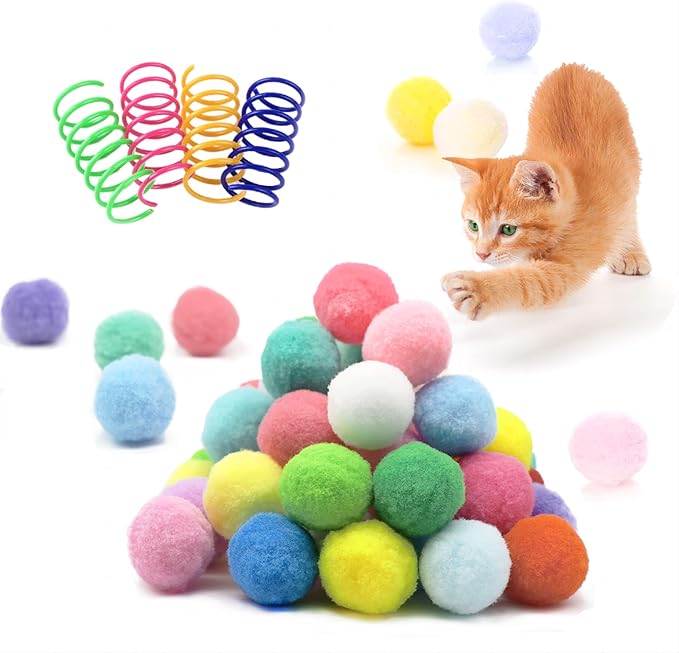 30 Pcs Premium Silent Cat Pom Pom Balls, Interactive Lightweight Assorted Colors Fuzzy Toy Balls (1.2 inches), with 4 Pcs Cat Spring Toy for Indoor Kitten Playing Exercising-Mewly Pet