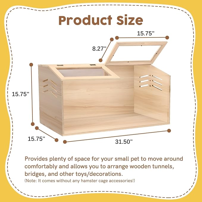 Snowtaros Wooden Hamster Cage, Large Hamster Cages and Habitats Chewproof, with 2 Openable Acrylic Top, Small Animal Cage for Mouse Gerbil Quail Dwarf Syrian Hamsters (31.5" L*15.7" W*15.7" H)-Mewly Pet
