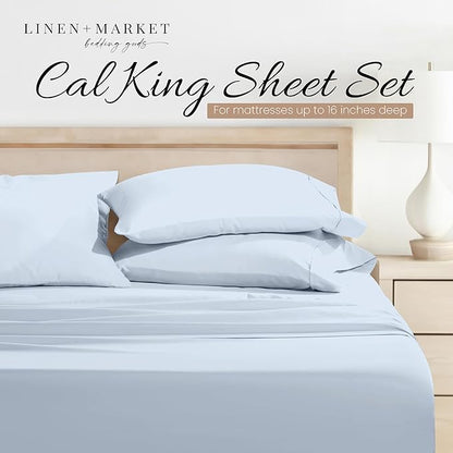Linen Market Double-Brushed Microfiber California King Sheet Set 4 Piece – Oeko-TEX Certified Ultra Soft & Wrinkle-Free - 16" Deep Pocket Sheets Easy Care Cal-King Size - Light Blue