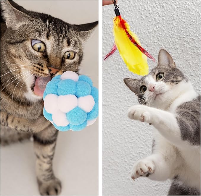 ZooZoo 14PCS Interactive Cat Feather Toy Set for Indoor Cats, Active Play Kit with Door Hanging Toy, Double-Sided Suction Cat Wand with Feathers, Mice & Fur Balls, Encourages Hunting, Jumping, Chasing-Mewly Pet