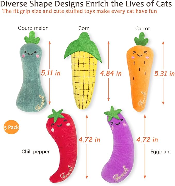 Catnip Cat Toys, Interactive Indoor Cat Nip Toy Kitty Kicker, Dental Kitten Chew Toy, 5 Pack, Vegetable Shape-Mewly Pet