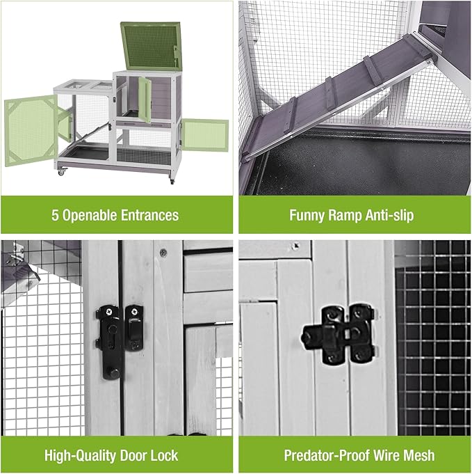 GUTINNEEN 2-Story Rabbit Hutch Indoor with Chew-Proof Design & Slide-Out Trays - Wooden Small Animal Cage Guinea Pig Cages with Lockable Wheels for 2-3 Rabbits, Bunnies, Guinea Pigs (Grey)-Mewly Pet