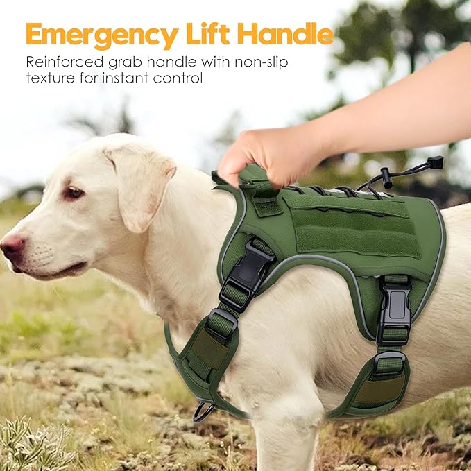 Heavy-Duty Tactical Dog Harness for Large Dogs, No Pull Adjustable Reflective Pet Vest with Molle System, K9 Military-Grade Control for Service Training, Outdoor & 10+ Breeds, Green, XX-Large-Mewly Pet