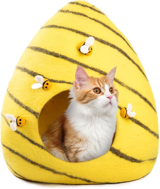 Luxurious Eco-Friendly Merino Wool Cat Cave Bed Beehive - Foldable Hideaway Pod for Indoor Cats - Premium Felt Kitten Beds - Covered Cat House for Ultimate Cozy Comfort by Woolygon-Mewly Pet