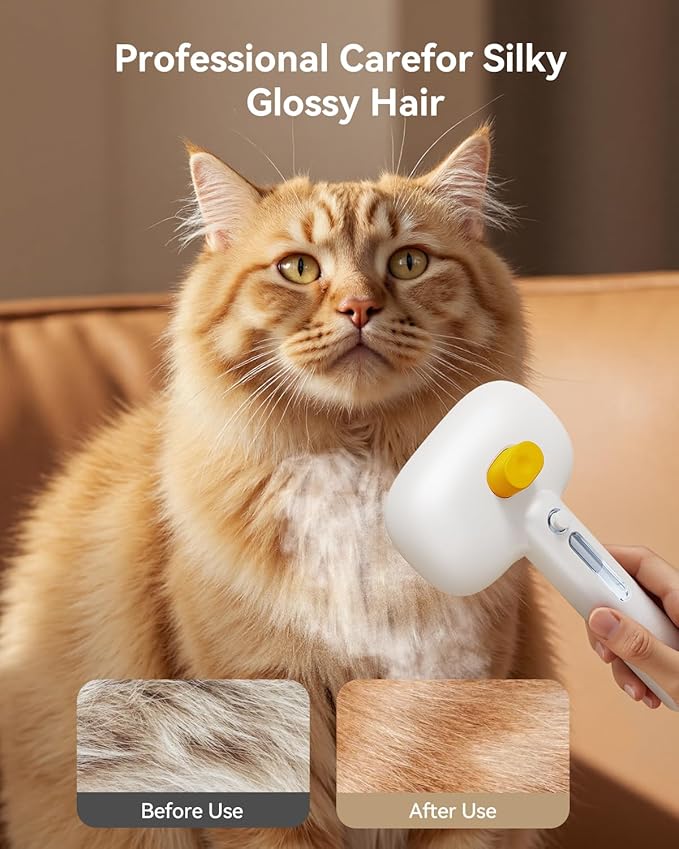 ROJECO 3-in-1 Pet Steam Brush for Cats&Dogs-Pet Spray Hair Removal Detangling Comb with Adjustable Mist,Handheld Deshedding Grooming Tool for Long/Short Hair,Massage Brush & Shedding Control,Cordless-Mewly Pet