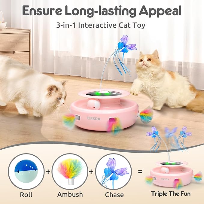 ORSDA Cat Toy, 3-in-1 Automatic Interactive Electronic Moving Ambush Feather, Fluttering Butterfly, Track Balls, USB Rechargeable Powered Smart Indoor Exercise Kicker-Mewly Pet