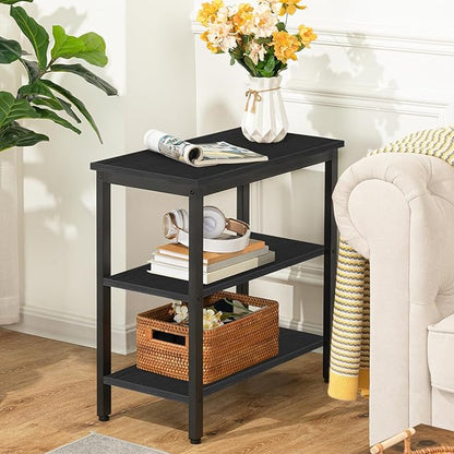 HOOBRO End Table, Simple Rustic Side Table with 3-Tier Storage Shelf, Narrow Nightstand for Small Spaces, Easy Assembly, for Living Room, Bedroom, Metal, Industrial Design, Black BB14BZ01