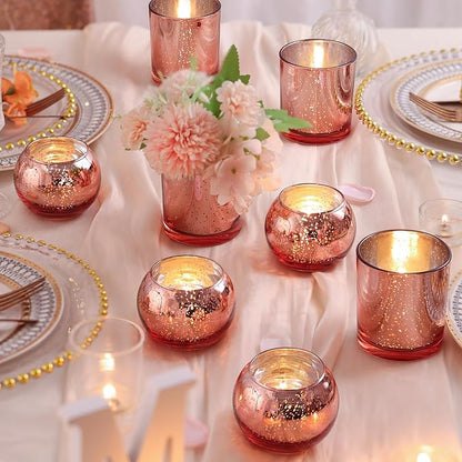 10 Pcs Assorted Rose Gold Candle Holders, Larger Size Mercury Glass Votives for Wedding, Rose Gold Birthday Decorations, Votive Candle Holders for Valentines/Bridal Shower/Sweet 16 Party Favors