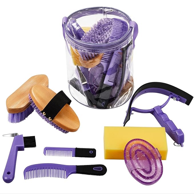 9 Pieces Horse Grooming Kit Tack Room Supplies Set with Organizer Tote Bag, Oval Massage Curry, Hard and Soft Brush, Hoof Pick, Sweat Scraper, Bathing Sponge, Combs for Horse Riders Beginners (Purple)-Mewly Pet
