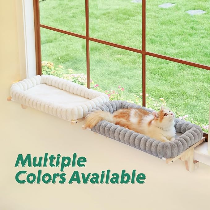 SnugCloud Cat Window Perch with 4-Sided Bolster - Orthopedic Cat Hammock for Window Sill - Solid Hardwood & Metal Frame - Window Seat for Pets (Natural Color Wood w/Gray Bed, Large)