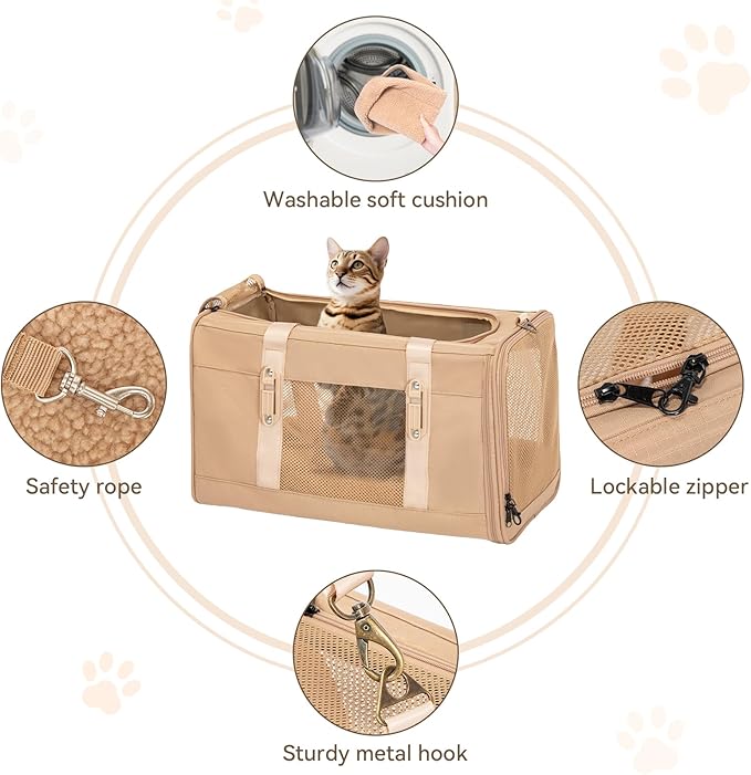 Petsfit 19x12x12 Pet Carrier for Large Cats (up to 20 lbs), Soft-Sided Small Dog Travel Carrier, Upgraded with Patented Buckle and Soft Padding, Ideal for Car Road Trips,Khaki-Mewly Pet