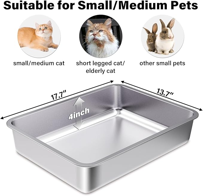 Stainless Steel Cat Litter Box 4in Low Entry,Metal Litter Box for Small Cats/Kitty Easy to Clean,Cat LitterBox for Kitten Elderly Cats,Non Stick, No Smell-Mewly Pet