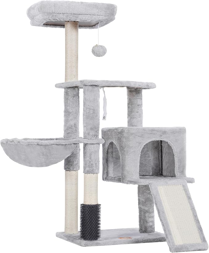 Heybly Cat Tree with Cat Self Groomer Brush, Cat Tower Condo for Indoor Cats with Padded Plush Perch, Cat House with Basket Scratching Board Post, Light Gray HCT005SW-Mewly Pet