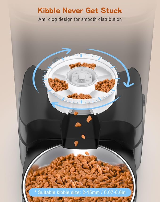 HoneyGuaridan 3.5L Automatic Cat Feeder for Two Cats, Food Dispenser with Stainless Steel Bowl,Timed Cat Feeder Programmable 1-6 Meals Control, Dual Power Supply,10s Meal Call Black-Mewly Pet