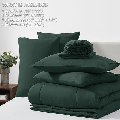 CozyLux Queen Comforter Set Forest Green, 7 Pieces Bed in a Bag, Green Comforter Queen Size, All Season Bedding Sets with Stitch Quilted Comforter, Flat Sheet, Fitted Sheet, Pillowcases
