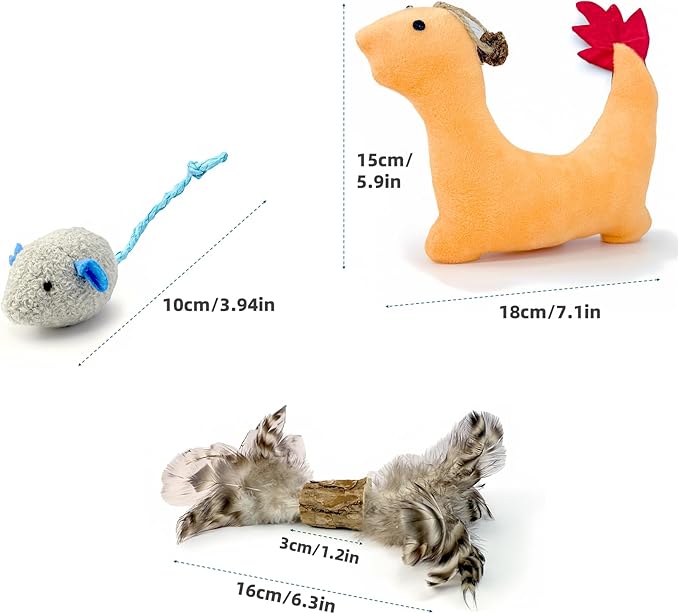 Catnip Toys 3 Pack – Plush Catnip Toy with Gall Fruit & Silvervine Stick with Feathers, Interactive Chew & Kick Toys for Indoor Cats, Relieve Stress & Encourage Exercise-Mewly Pet