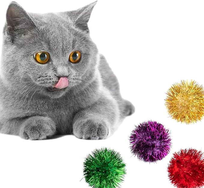 AUEAR, 12 Pack 2 Inch Sparkle Ball Shiny Glitter Tinsel Pom Poms Interactive Cat Balls for Kittens (4 Colors, 12 Inch-12 Pack)-Mewly Pet