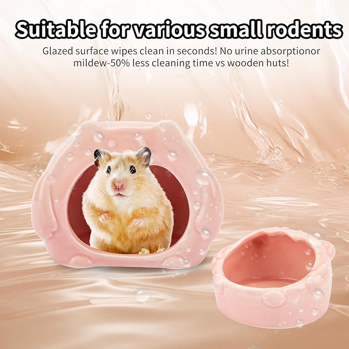 Bear-Shaped Hamster Hideout & Food Bowl Set - Ceramic Habitat for Syrian Dwarf Hamsters, Mice, Gerbils - All-Season Use, Chew-Proof Ceramic House and Feeding Dish for Small Pets(Pink)-Mewly Pet