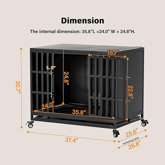 38 inch Heavy Duty Dog Crate with Self-Locking Latch, Indestructible Steel Large Kennel with Enclosed Design, Chew-Proof and Escape-Proof Pet Cage for High Anxiety Dogs-Mewly Pet