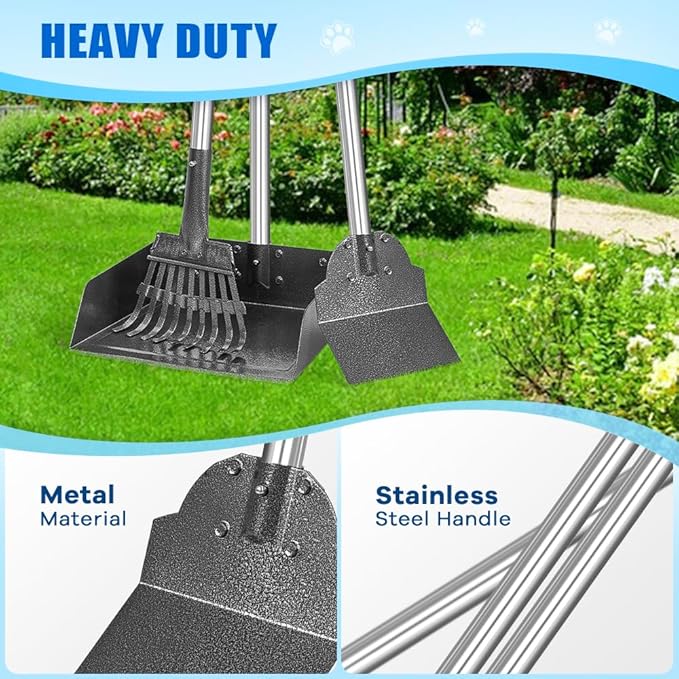 Larger Pooper Scooper Dog Pooper Scooper for Large Medium Small Dogs Heavy Duty Stainless Steel with Long Handle Tray Rake Shovel for Yard-Mewly Pet