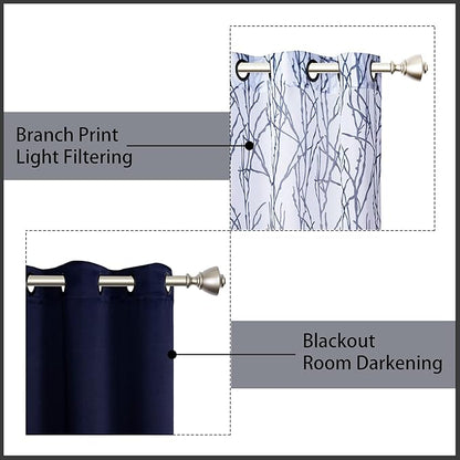 BONZER Mix and Match Curtains - 2 Pieces Branch Print Sheer Curtains and 2 Pieces Blackout Curtains for Bedroom Living Room Grommet Window Drapes, 54x63 Inch/Panel, Indigo, Set of 4 Panels