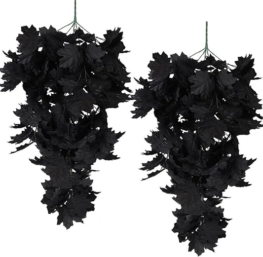 RECUTMS Black Maple Leaf Garland 2PCS Artificial Hanging Fall Halloween Maples Leaves Swag Plants 2.5ft Faux Silk Autumn Garlands for Indoor Outdoor Thanksgiving Party Home Room Fireplace Patio Decor