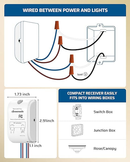 DEWENWILS Wireless Light Switch Kit - No Wiring, 10A/1000W, 100 Ft RF Range, Remote Control for Ceiling Lights, Fans, Lamps