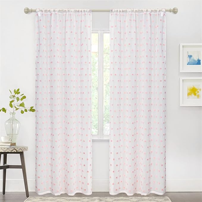 MYSKY HOME 72 Inch Long Pink Pom Pom White Sheer Curtains for Bedroom Curtains for Baby Nursery Door Curtains for Doorway 2 Panels Light Filtering Rod Pocket Semi Window Drapes 52 x 72 inch