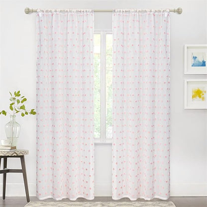 MYSKY HOME Pink Curtains for Living Room 84 Inch Long Pom Pom Bedroom White Sheer Curtains for Nursery Girls Light Filtering Rod Pocket Bohemian Voile Window Drapes 38 x 84 in 2 Panels