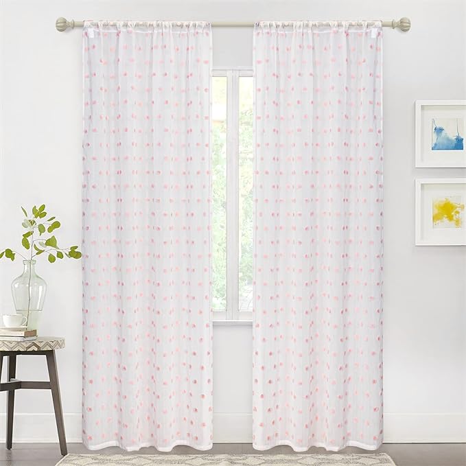 MYSKY HOME Pom Pom Sheer Curtains for Girls' Bedroom & Nursery - Pink, 72 Inch Long, 2 Panels, Light Filtering, Rod Pocket, Semi Window Drapes, 38 x 72 inch