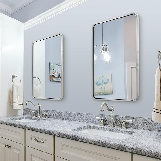 ANDY STAR 24x32 INCH Chrome Mirrors for Bathroom, Polished Nickel Bathroom Mirror, Rounded Rectangle Mirror, Anti-Rust SUS304, Tube Metal Frame, 1’’ Deep Wall Mounted Vertically/Horizontal