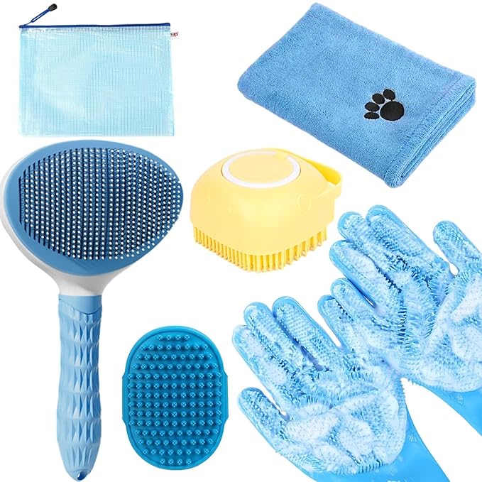 Bath Grooming Kit with Hair Brush, Towel & Scrubber Gloves - 6-in-1 Slicker Brush for Shedding Dogs & Cats, Blue-Mewly Pet