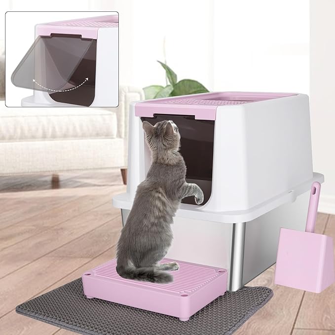 RIZZARI Stainless Steel Cat Litter Box, Odorless Enclosed Litter Box with Top Holes, Large Litter Pan for Small to Large Sized Cats (Dark Pink, 24" L*16" W*18" H)-Mewly Pet