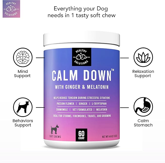 Calming Chews for Dogs - Dog Calming Treats for Anxiety & Stress Relief with Melatonin and Ginger - Aid with Storms, Grooming, Fireworks, Separation, Travel, Motion Sickness, & Sleep - 60 Soft Chews-Mewly Pet