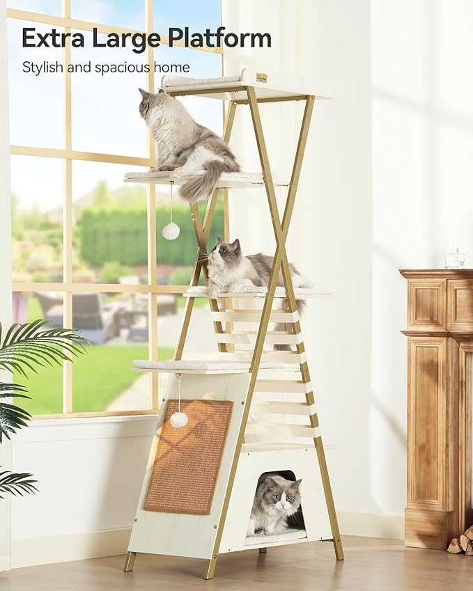 FourFurPets 72.4" Cat Tree, Modern Cat Tower for Indoor Cats, Multi-Level Cat Condo with Caves, Tall Cat Tree with Cat Scratching Board, Wooden Cat Tower with Large Perch, Removable Pads, White-Mewly Pet